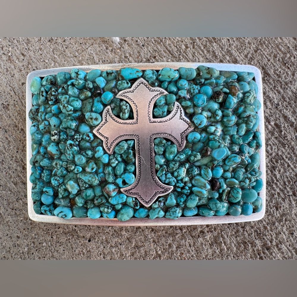 Turquoise Stone Belt Buckle with Cross